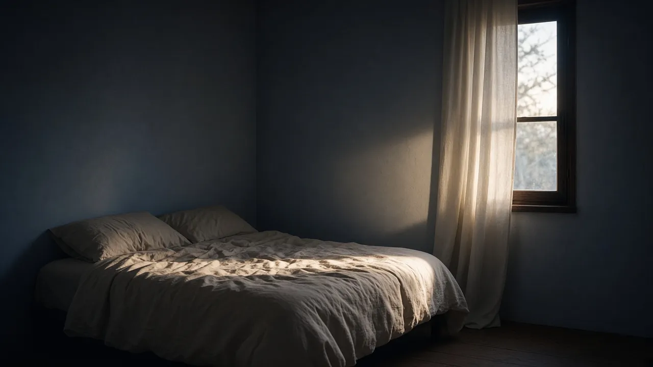 Una cama sin hacer, con la luz de la mañana entrando por la ventana.