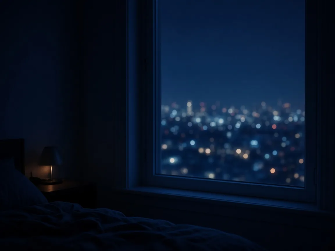 Una ciudad de noche, con luces en las ventanas.