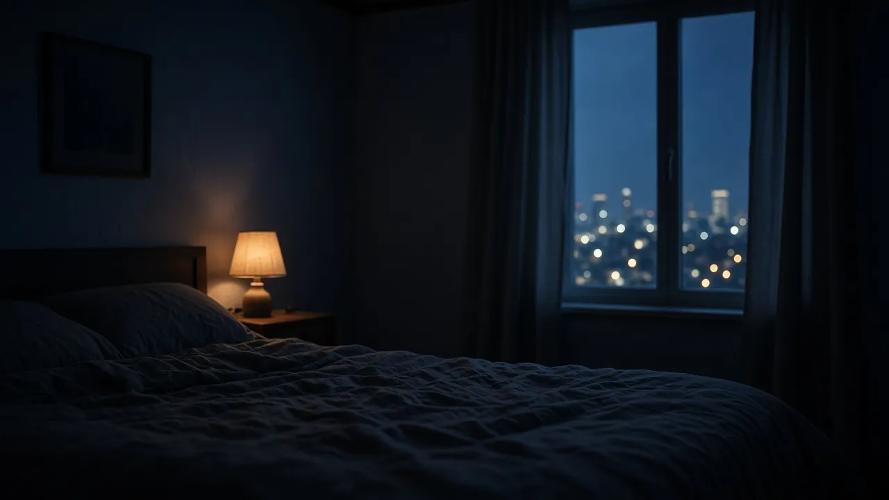 Una habitación de noche: la cama vacía, una lámpara cálida y la ciudad al otro lado de la ventana.
