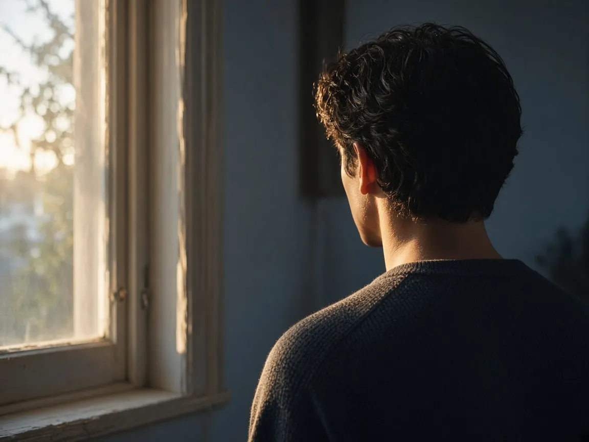 Una persona de espaldas, junto a una ventana, con la luz de la mañana.