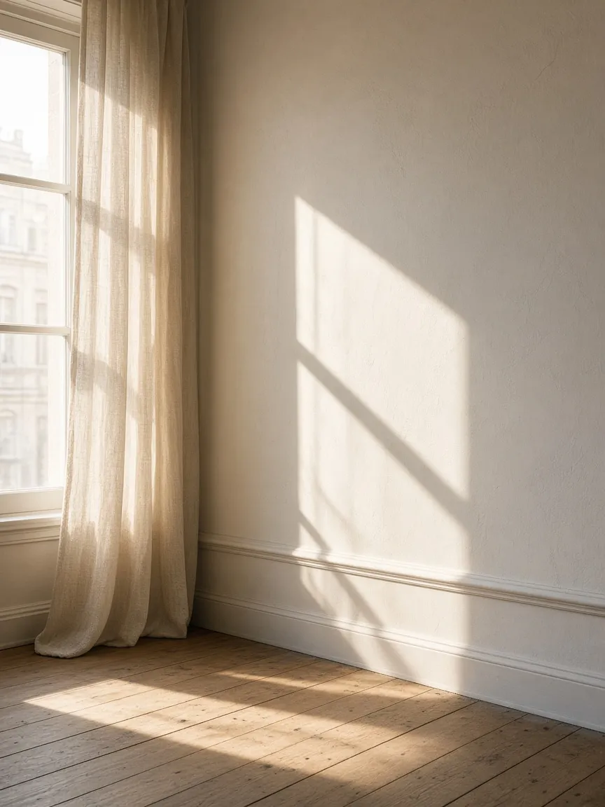 La luz de la mañana entra por una ventana y dibuja el marco en la pared.