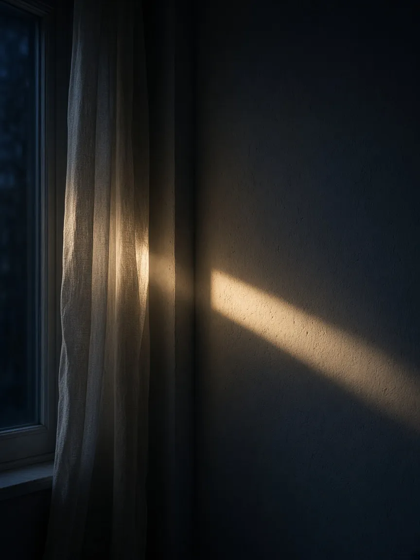 Una cortina iluminada junto a una pared en sombra.